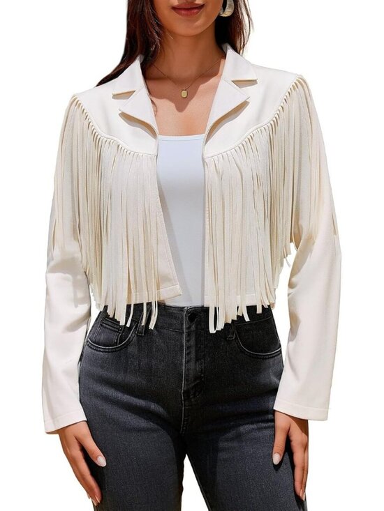 Jackets & Blazers - Women's Beige Fringe Faux Suede Leather Jackets Fashion Fall Western Tassel
